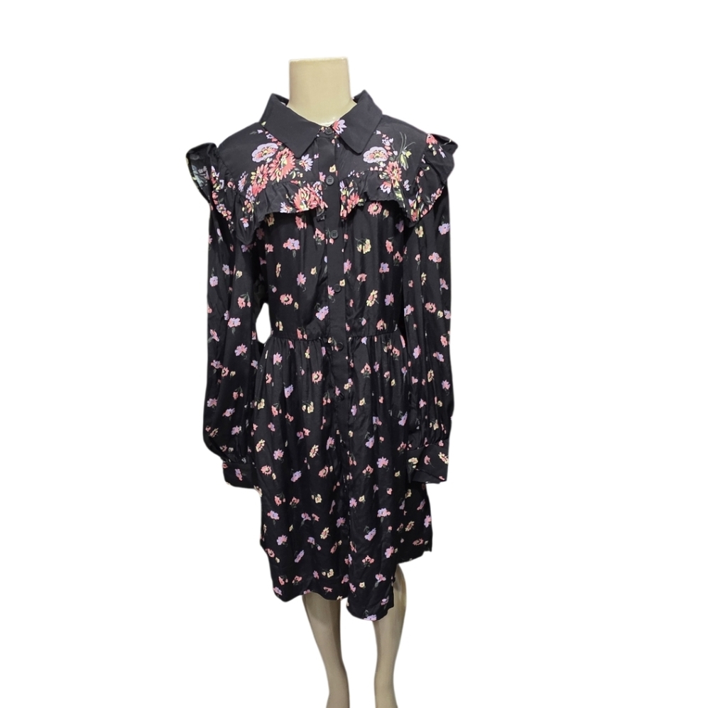 Jill Stuart Shirt Dress Women Black Floral Ruffle Pleated Collar Button Front L‎